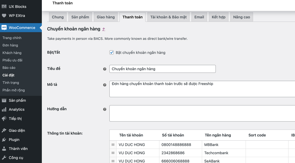 Cấu Hình Chuyển Khoản Ngân Hàng Woocommerce Cấu Hình Chuyển Khoản Ngân Hàng Woocommerce