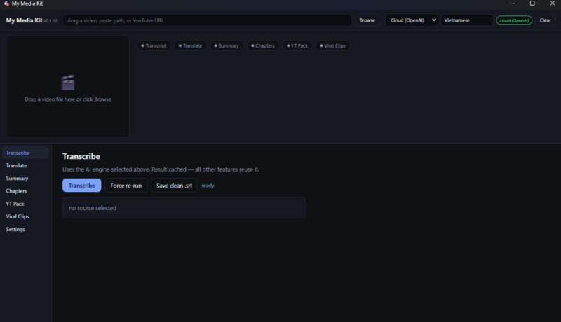 My Media Kit – Bộ công cụ AI cho creator video → transcript, dịch, summary, chapters, YouTube pack, viral clips