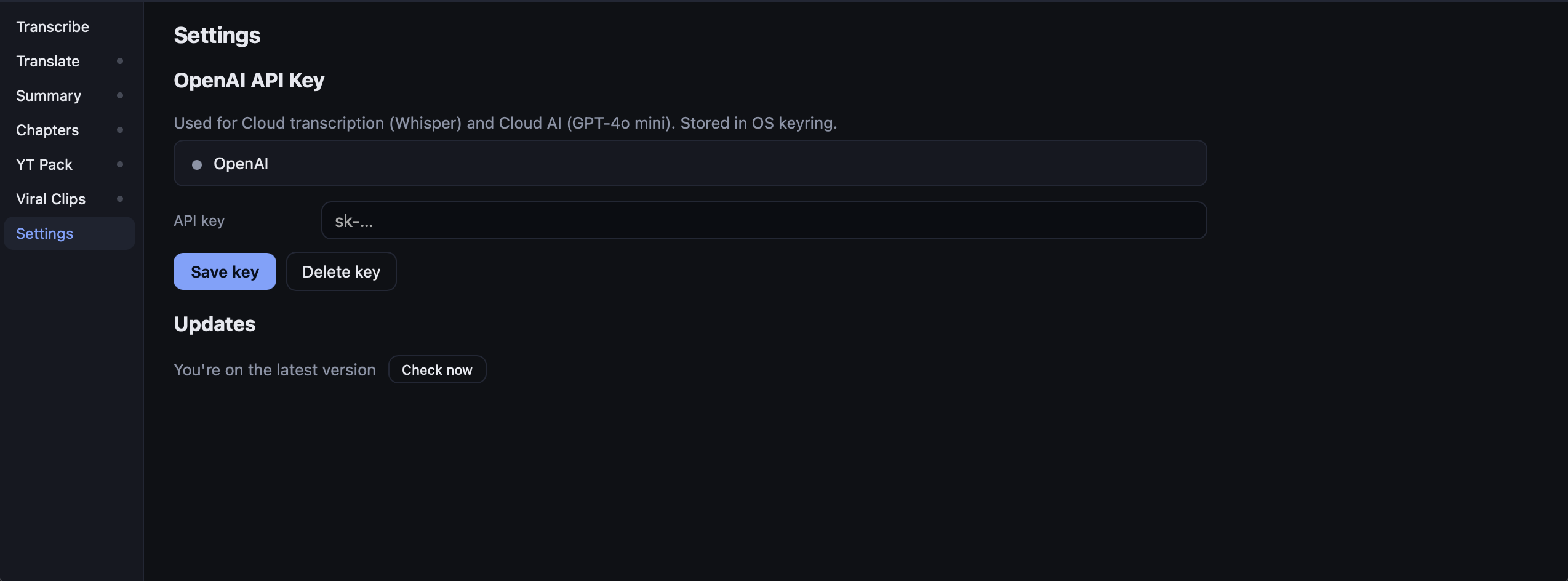 Settings — OpenAI key